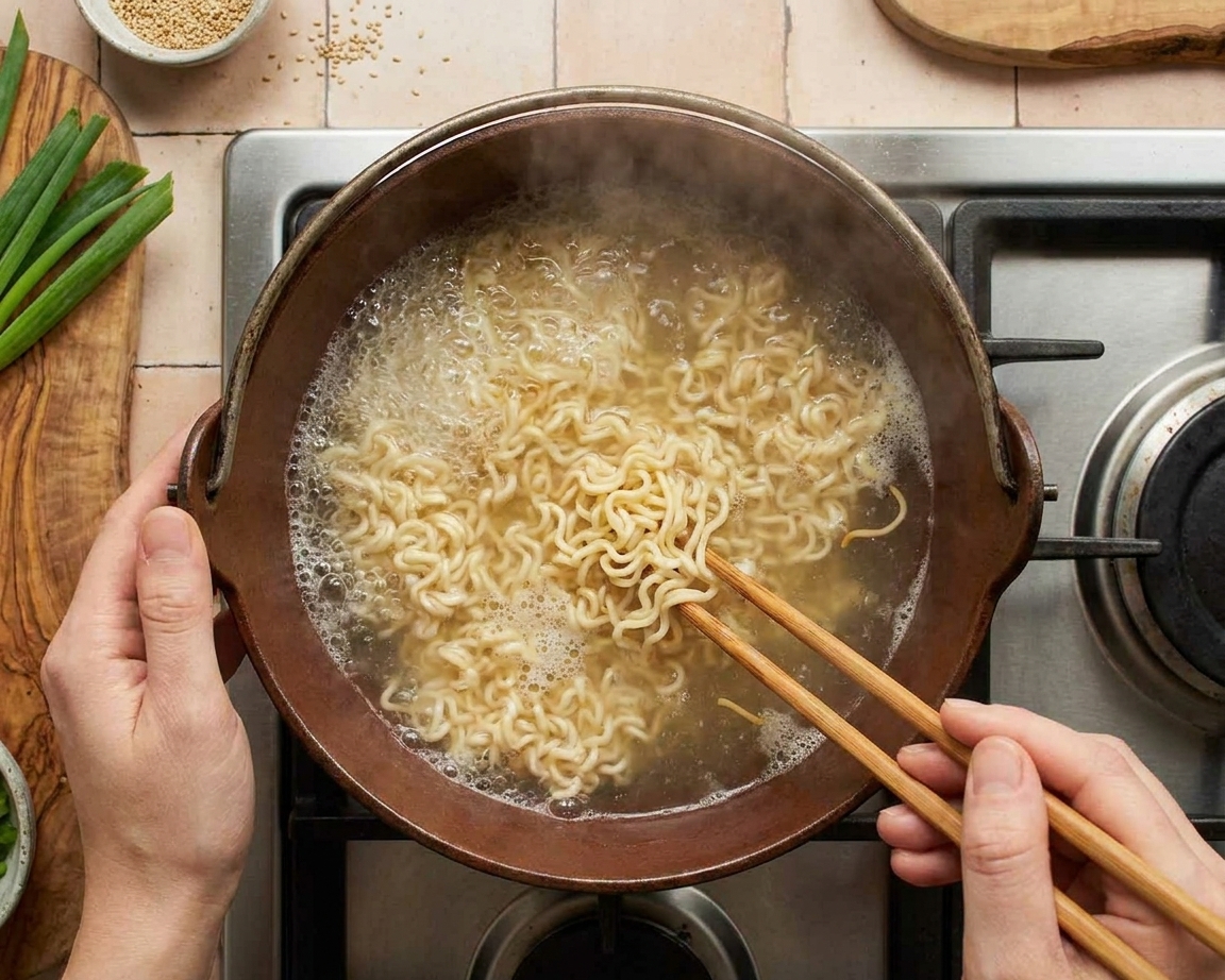 Ramen noodles boiling in a medium pot of water on a home stove with gentle steam rising