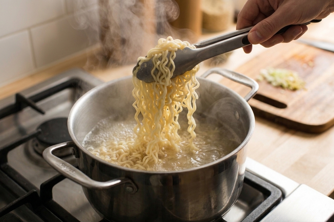 Ramen noodles boiling in a pot of water on a stovetop with a pair of tongs lifting the noodles