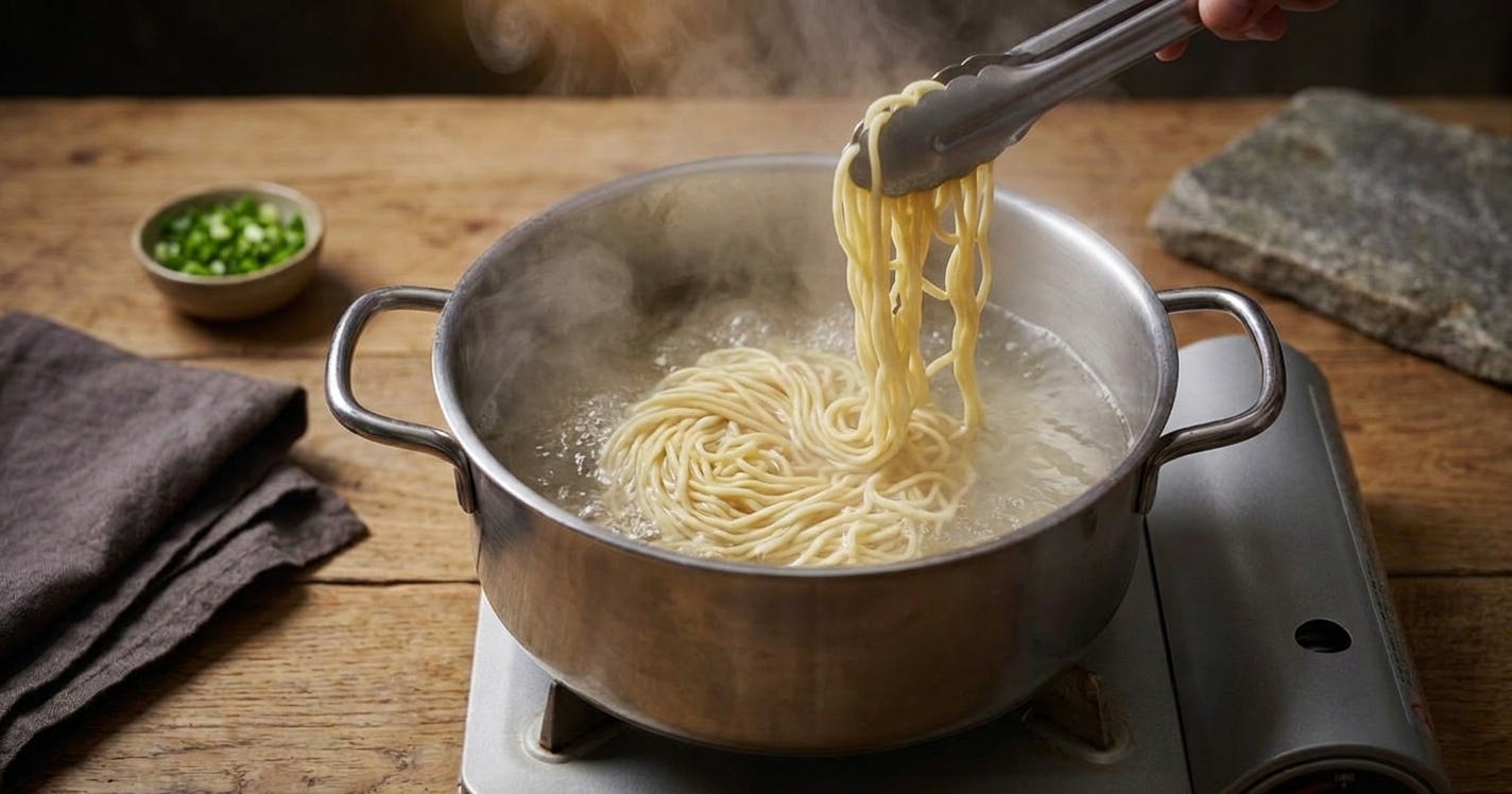 Ramen noodles boiling in a pot of water on the stove, with noodles loosening and a pair of tongs lifting a strand