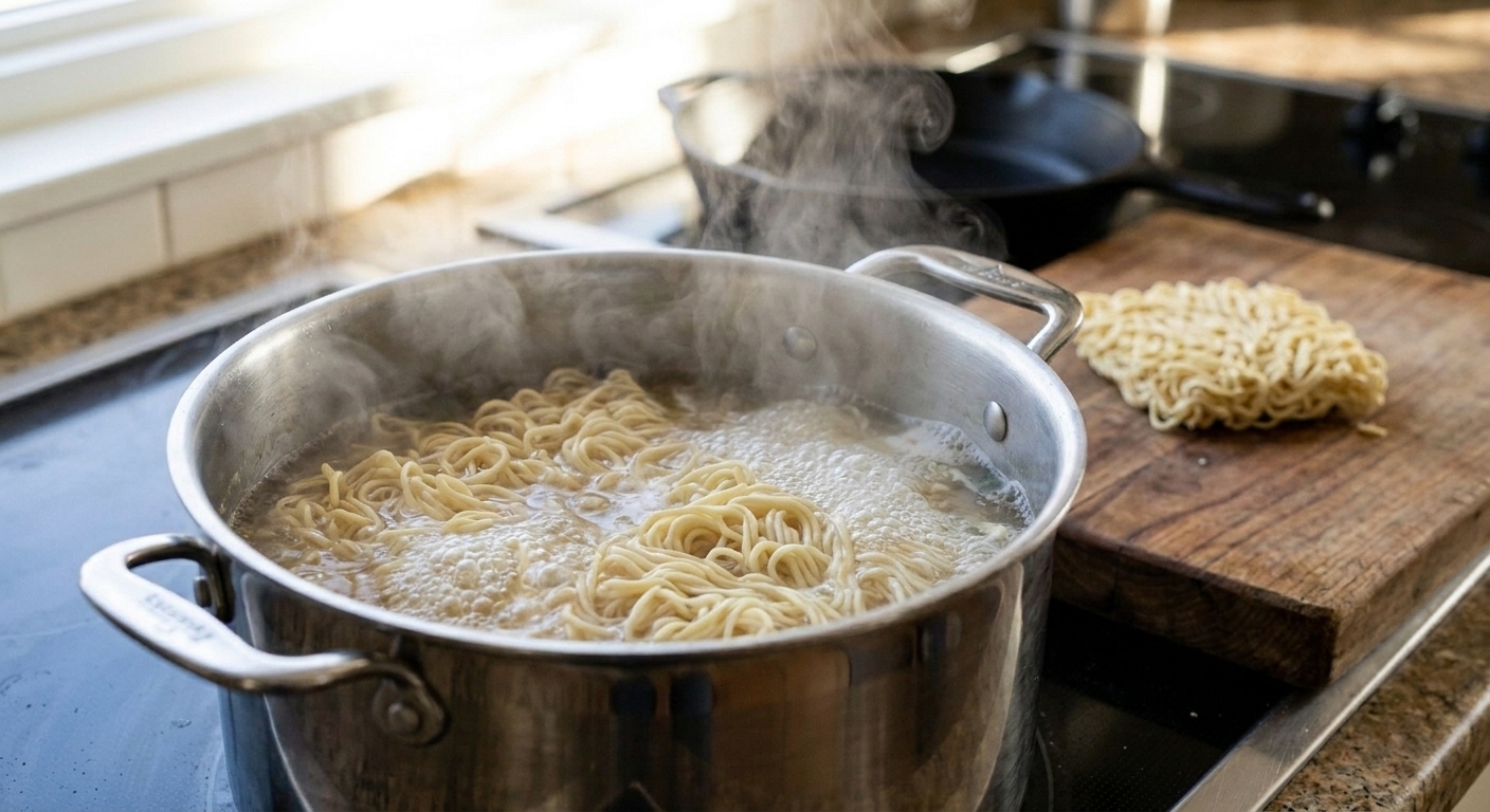 Ramen noodles cooking in boiling water in a pot on a stovetop, with steam rising