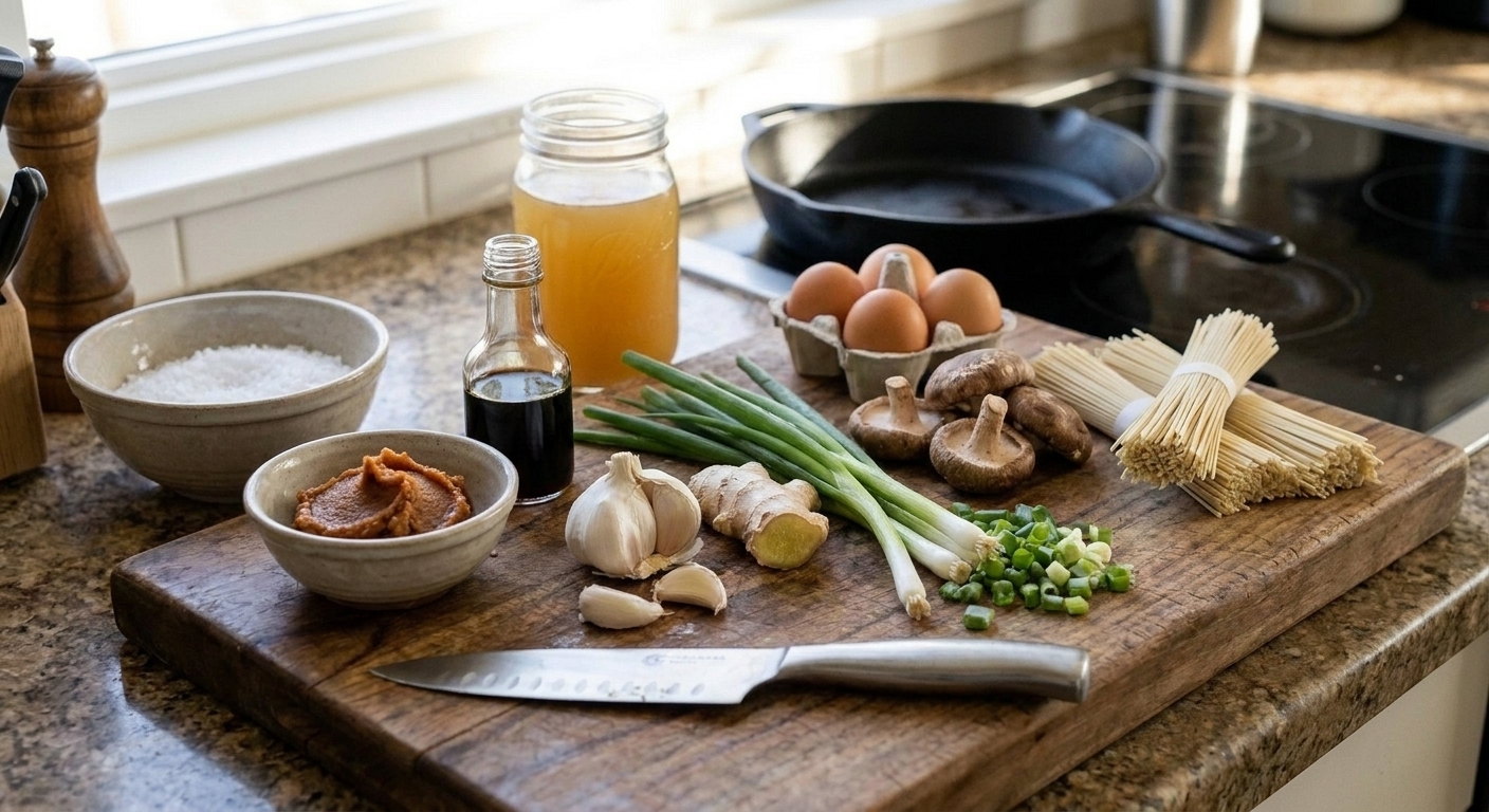 Ramen soup ingredients arranged on a kitchen counter including miso paste, soy sauce, chicken broth, garlic, ginger, scallions, eggs, mushrooms, and ramen noodles