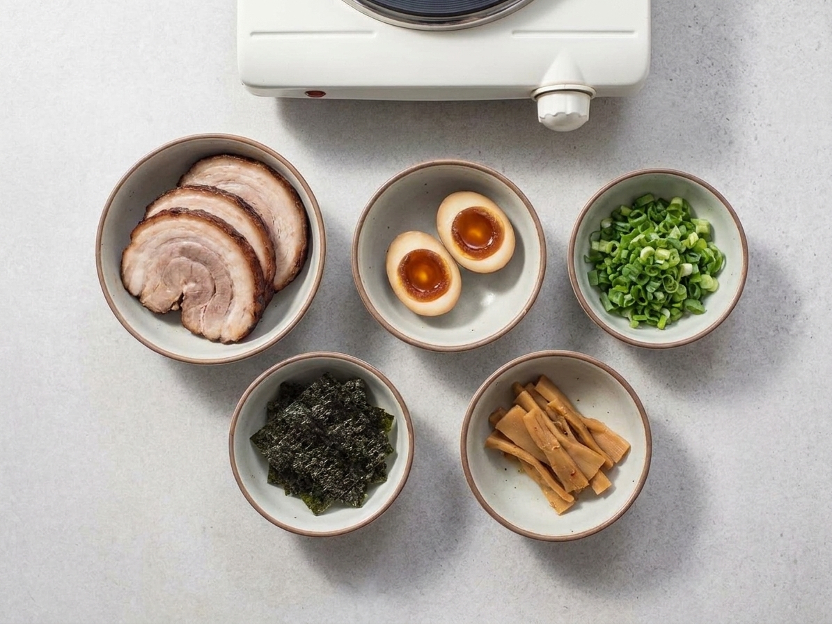 Ramen toppings arranged in small bowls on a kitchen counter, including sliced chashu, jammy eggs, scallions, nori, and bamboo shoots ready for assembly