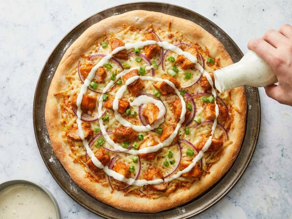Ranch dressing being drizzled over a hot buffalo chicken pizza fresh from the oven, with scallions scattered on top
