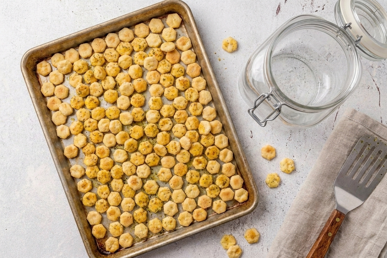 Ranch oyster crackers cooling on a sheet pan next to an airtight glass jar on a kitchen counter