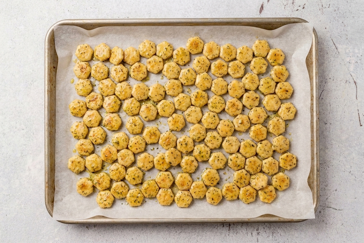 Ranch-seasoned oyster crackers spread in a single layer on a parchment-lined baking sheet before going into the oven