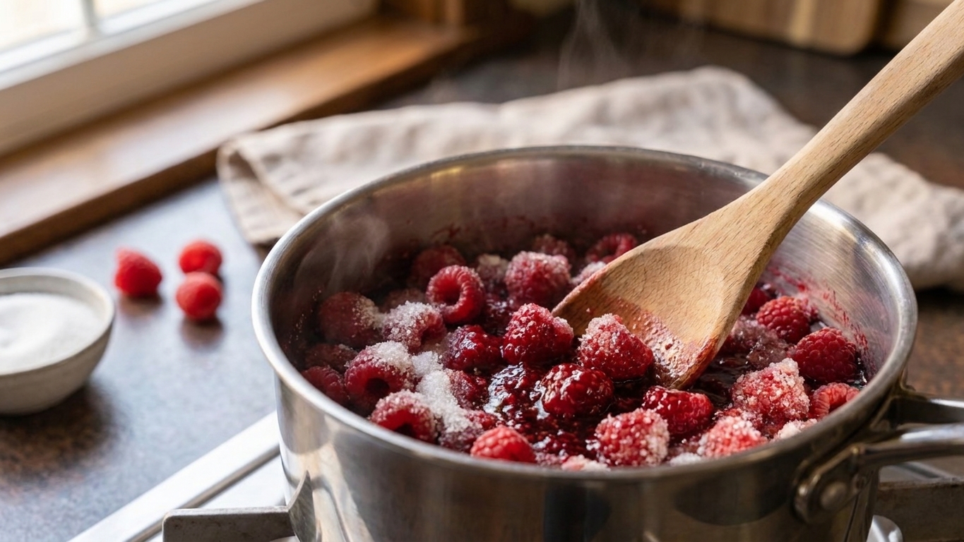 Raspberries and sugar being stirred together in a saucepan as the berries begin to release juice