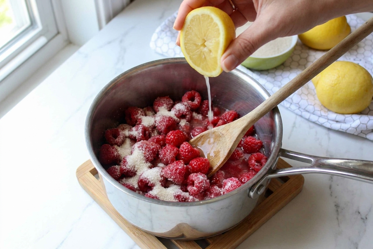 Raspberries and sugar being stirred together with lemon juice in a saucepan before cooking