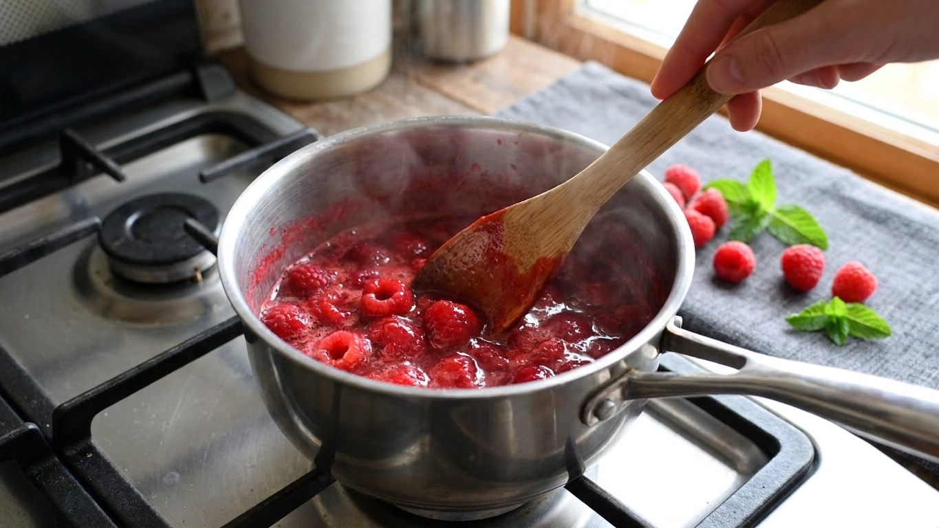 Raspberries simmering in a small saucepan on a stovetop with a wooden spoon stirring