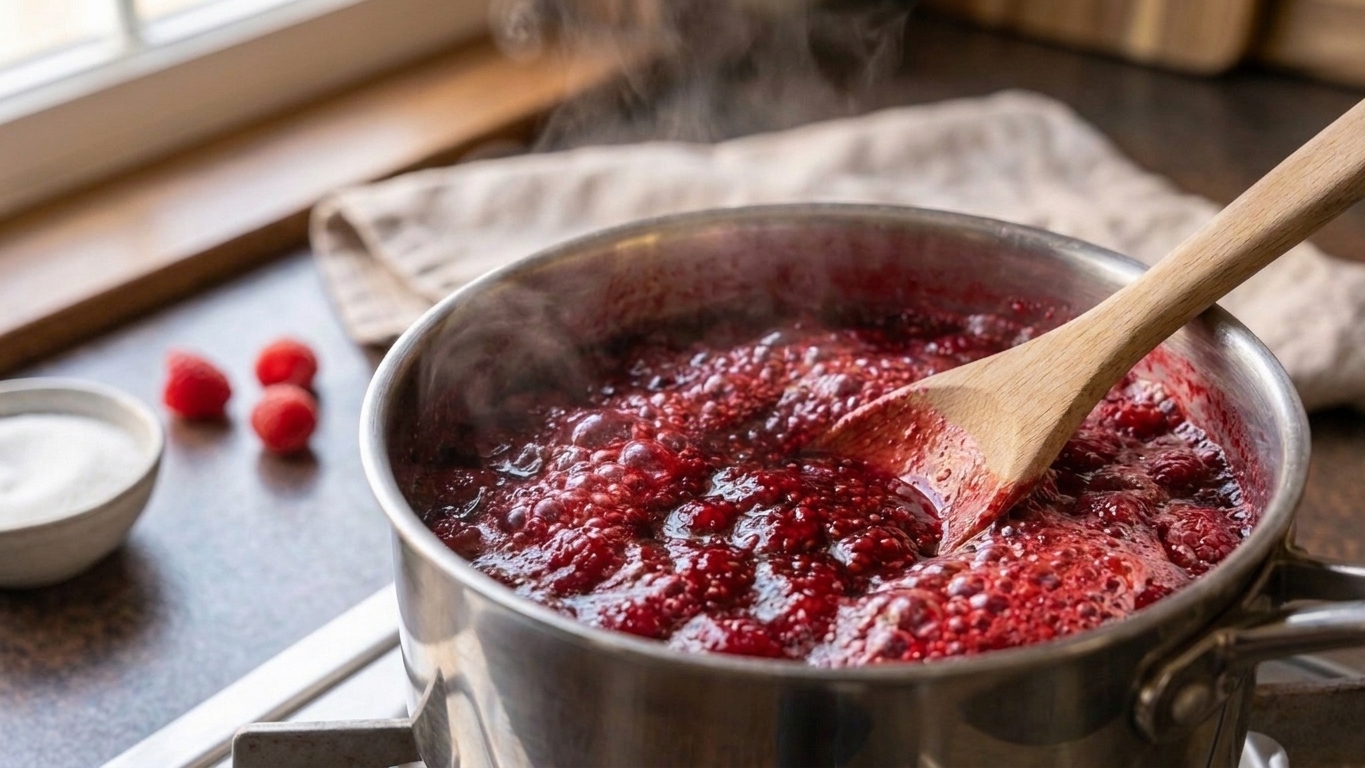 Raspberry jam actively boiling in a saucepan with thick bubbles forming across the surface
