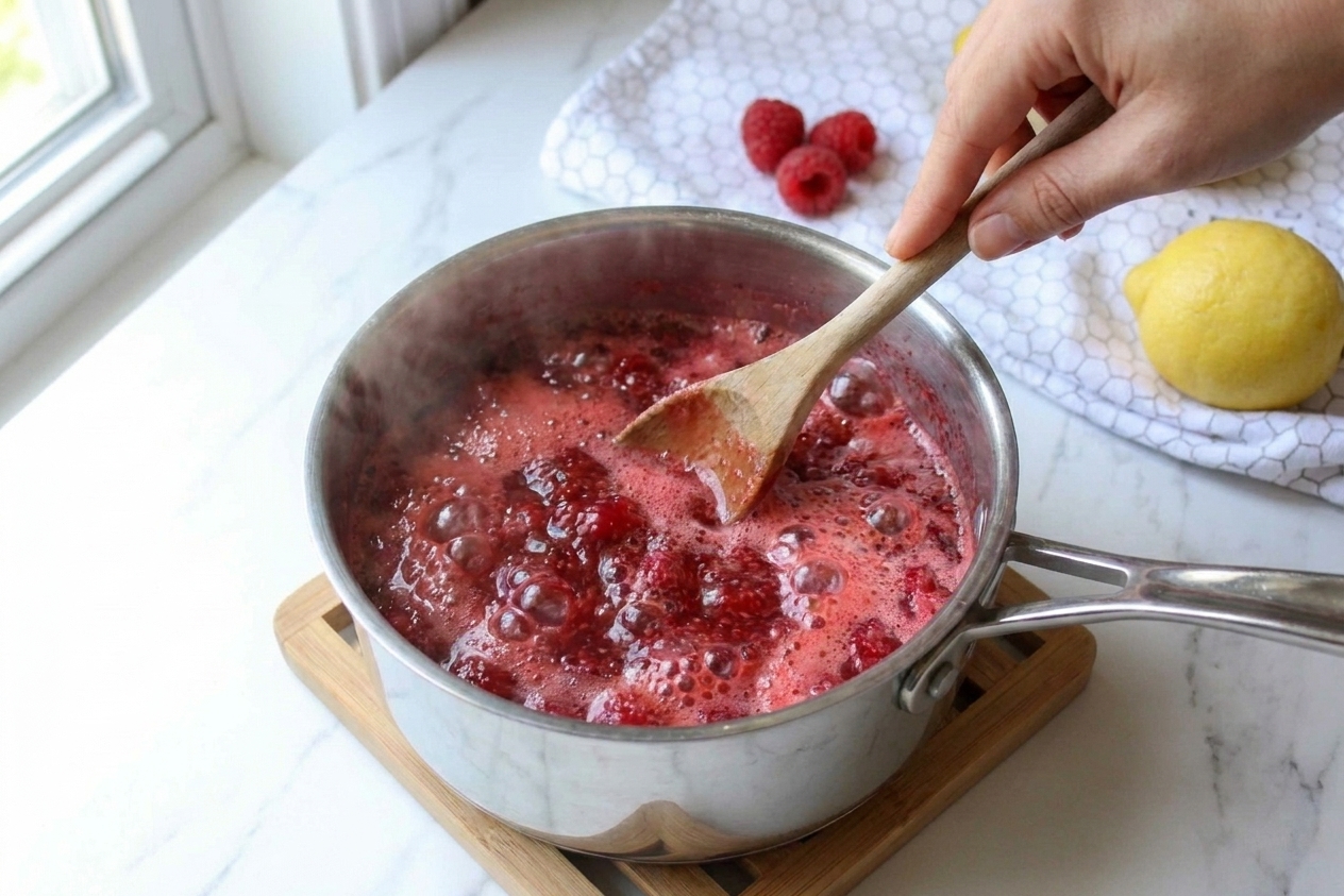 Raspberry jam mixture at a rapid boil in a saucepan, with a spoon stirring through the bubbling fruit