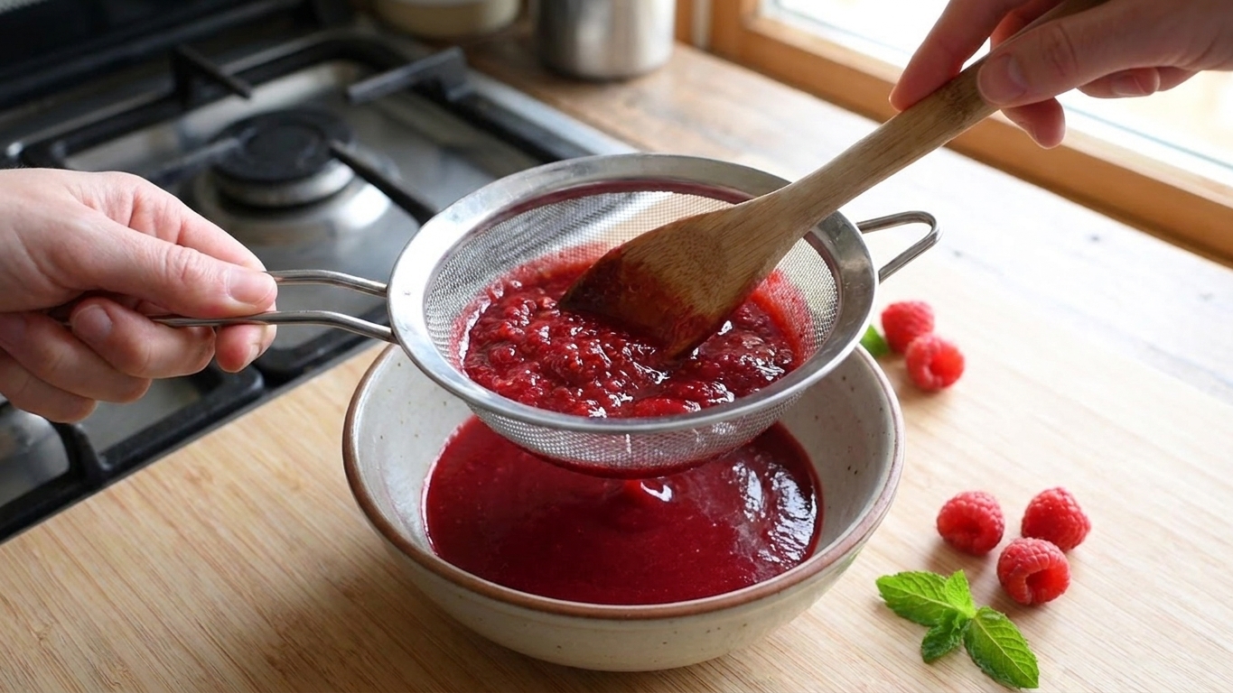 Raspberry sauce being pressed through a fine-mesh strainer into a bowl on a light kitchen counter