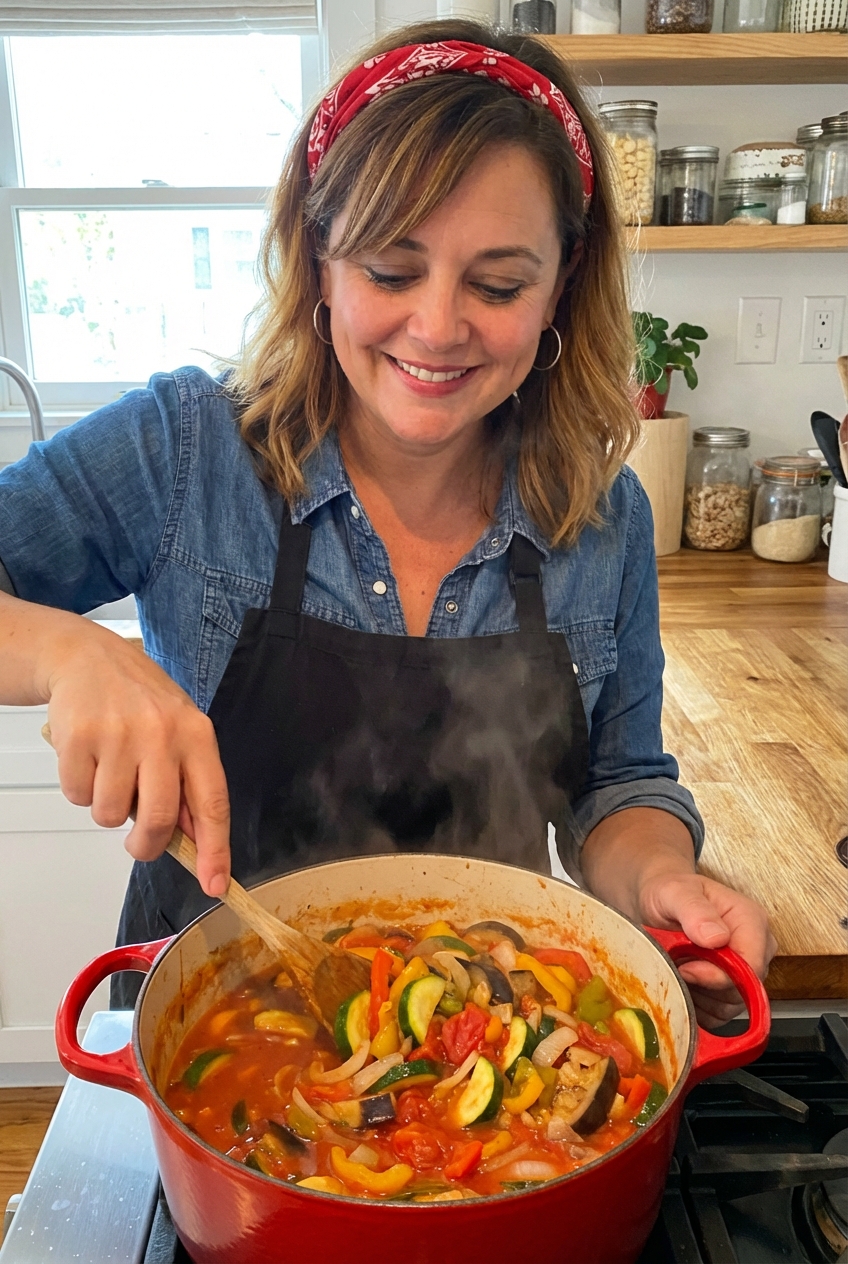 Ratatouille simmering in a Dutch oven with a wooden spoon stirring the vegetables in a tomato sauce