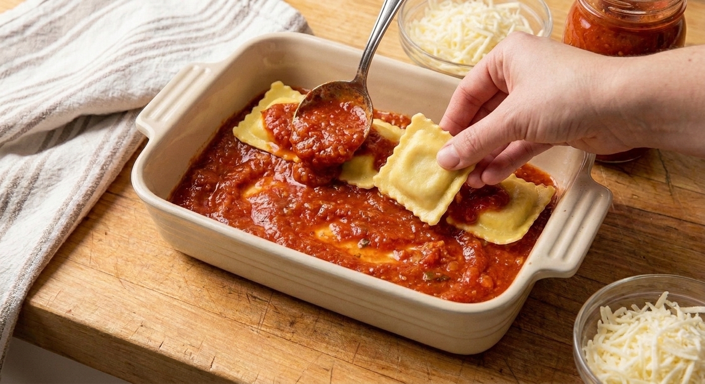 Ravioli being layered into a sauced ceramic baking dish on a kitchen counter