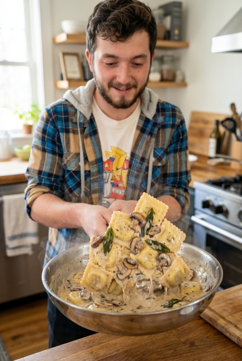 Ravioli being tossed in a skillet with creamy mushroom sauce and crispy sage leaves