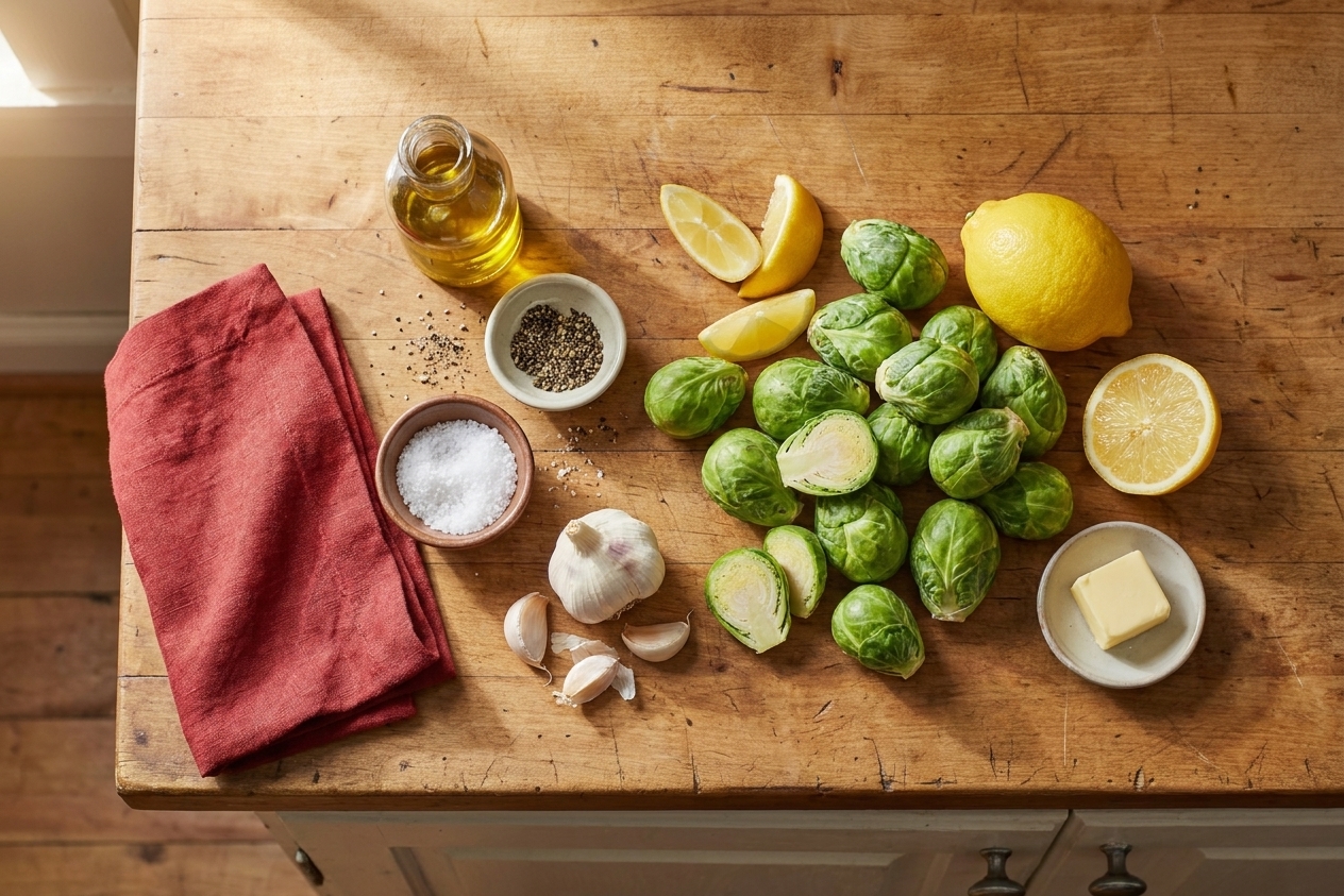Raw Brussels sprouts, lemon, garlic, olive oil, salt, pepper, and a small dish of butter arranged on a wooden kitchen counter in warm natural light