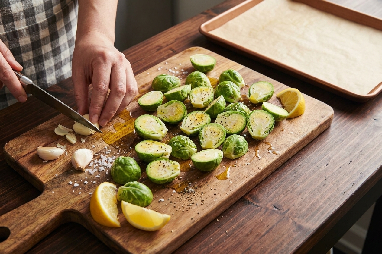 Raw Brussels sprouts with olive oil, salt, pepper, lemon, and garlic arranged on a wooden cutting board