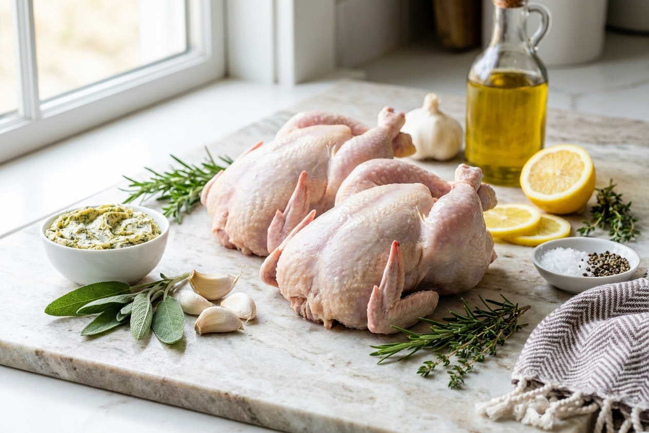 Raw Cornish game hens, butter, garlic, lemon, fresh herbs, salt, pepper, and olive oil arranged on a light stone kitchen counter with soft natural light