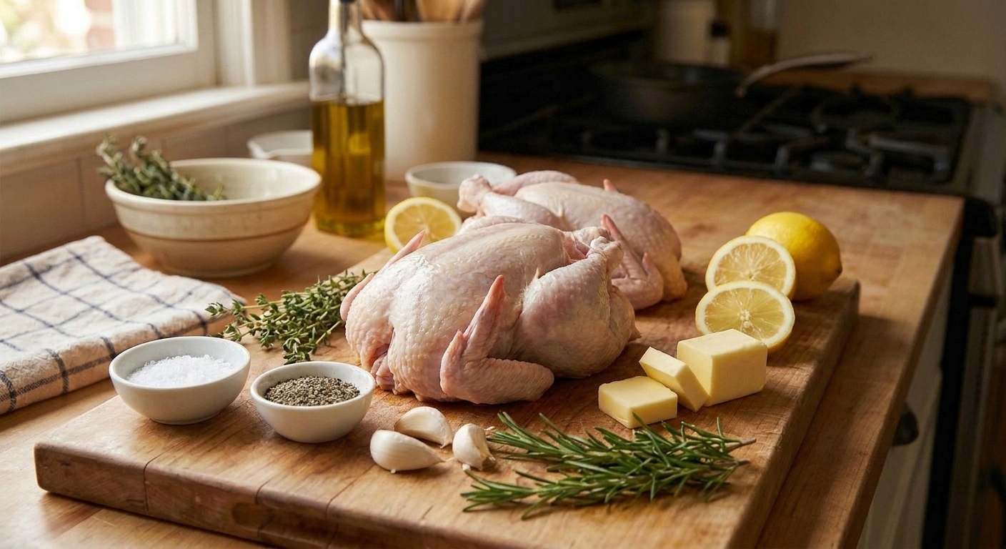 Raw Cornish game hens, lemons, garlic, butter, herbs, salt, pepper, and olive oil arranged on a light kitchen counter
