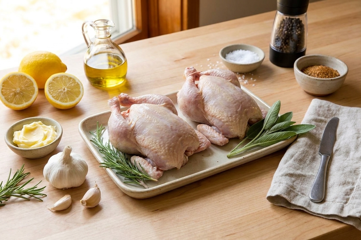 Raw Cornish game hens, lemons, garlic, herbs, butter, olive oil, salt, pepper, and a small bowl of spices arranged on a light kitchen counter