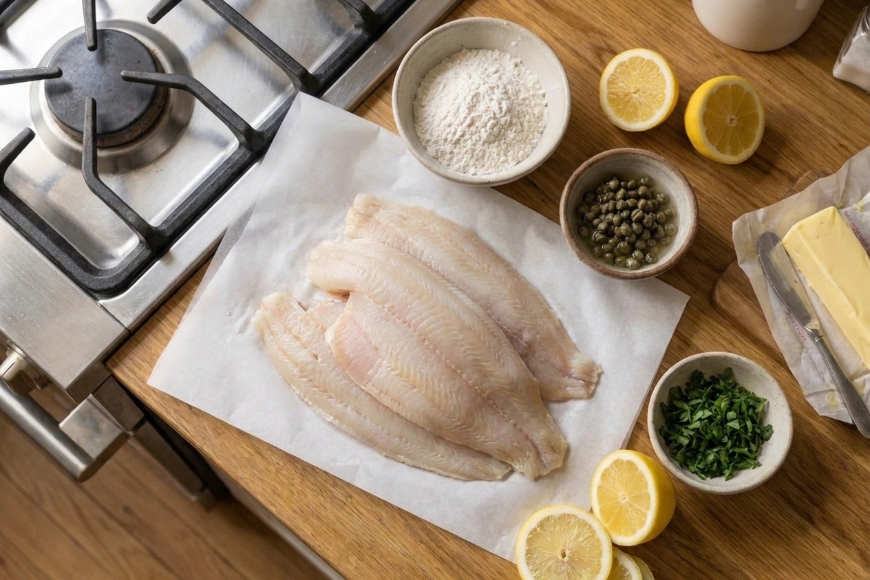 Raw Dover sole fillets on parchment with small bowls of flour, capers, chopped parsley, lemon halves, and a stick of butter on a tidy kitchen counter
