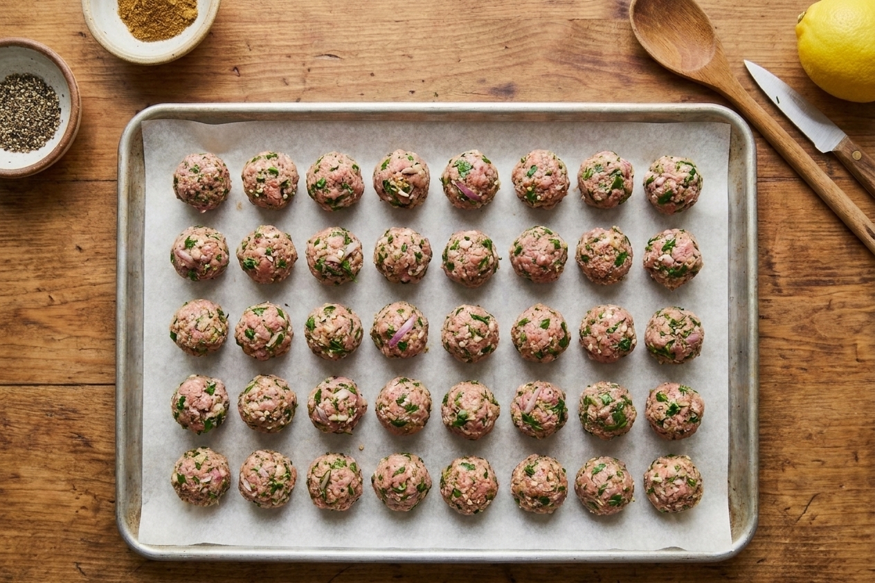 Raw Greek meatballs shaped into small rounds and arranged on a parchment-lined baking sheet on a wooden counter