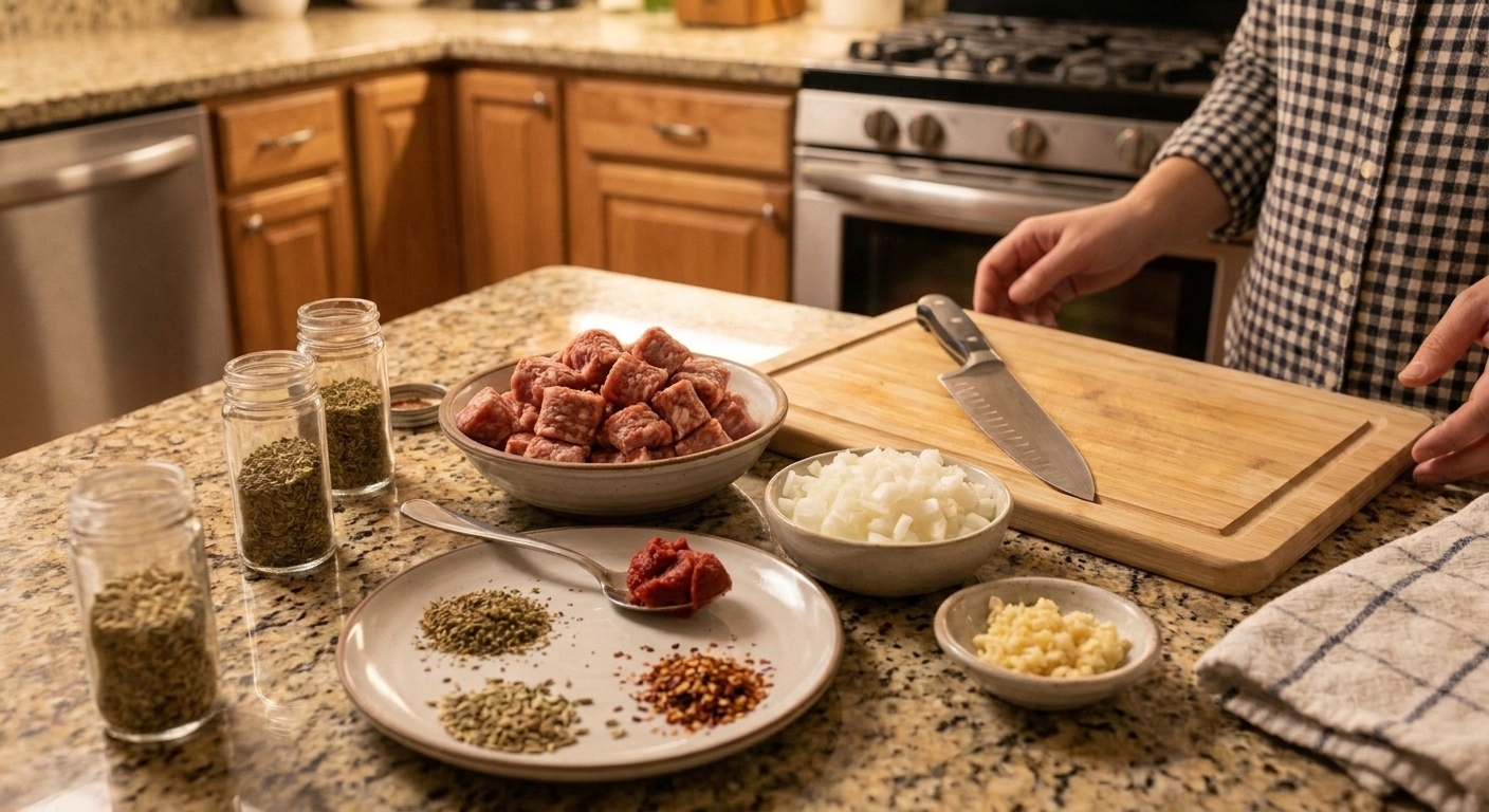 Raw Italian sausage, diced onion, minced garlic, tomato paste, and seasonings arranged on a kitchen counter next to a cutting board, ready to cook