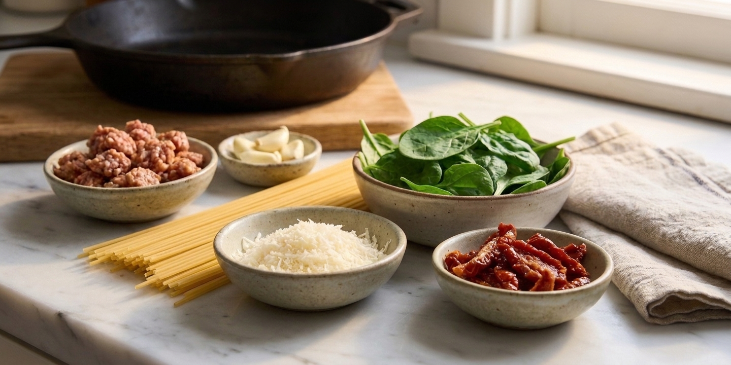Raw Italian sausage, garlic, Parmesan, spinach, sun-dried tomatoes, and pasta arranged on a light kitchen counter in small bowls