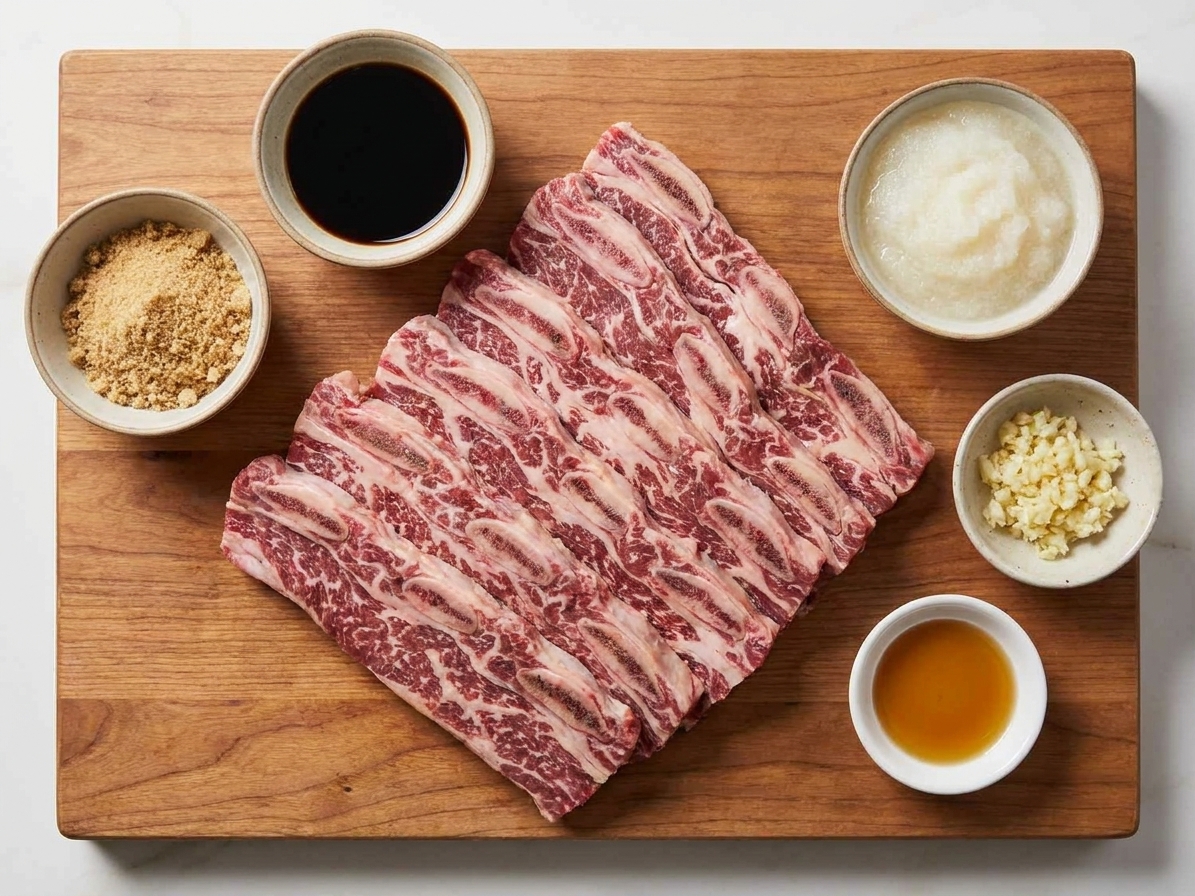 Raw LA-style beef short ribs thinly cut across the bone on a cutting board beside small bowls of soy sauce, brown sugar, grated pear, garlic, and sesame oil