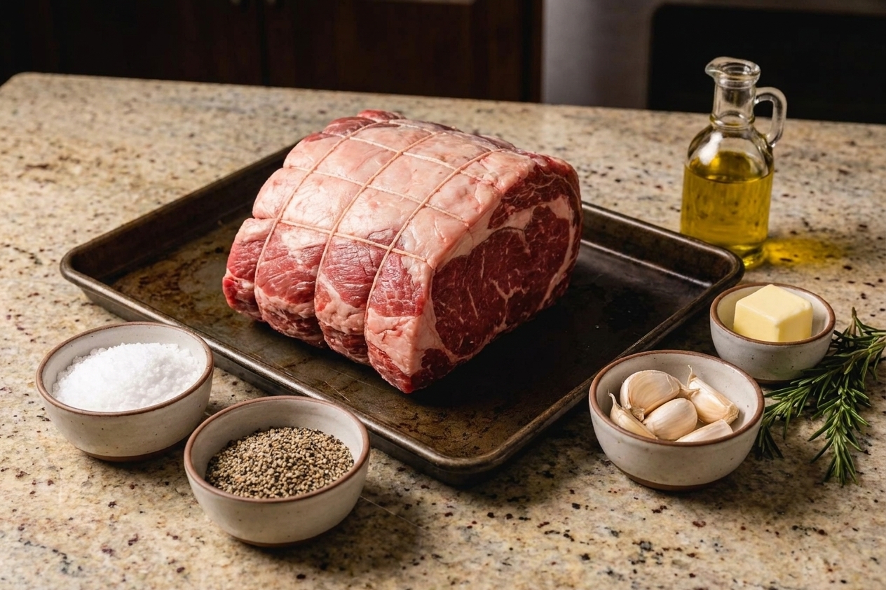 Raw New York strip roast on a sheet pan with small bowls of kosher salt, black pepper, garlic, rosemary, butter, and olive oil on a stone kitchen counter