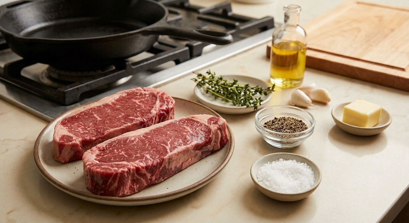 Raw New York strip steaks on a plate beside kosher salt, cracked black pepper, garlic, thyme, butter, and a small bottle of neutral oil on a tidy kitchen counter