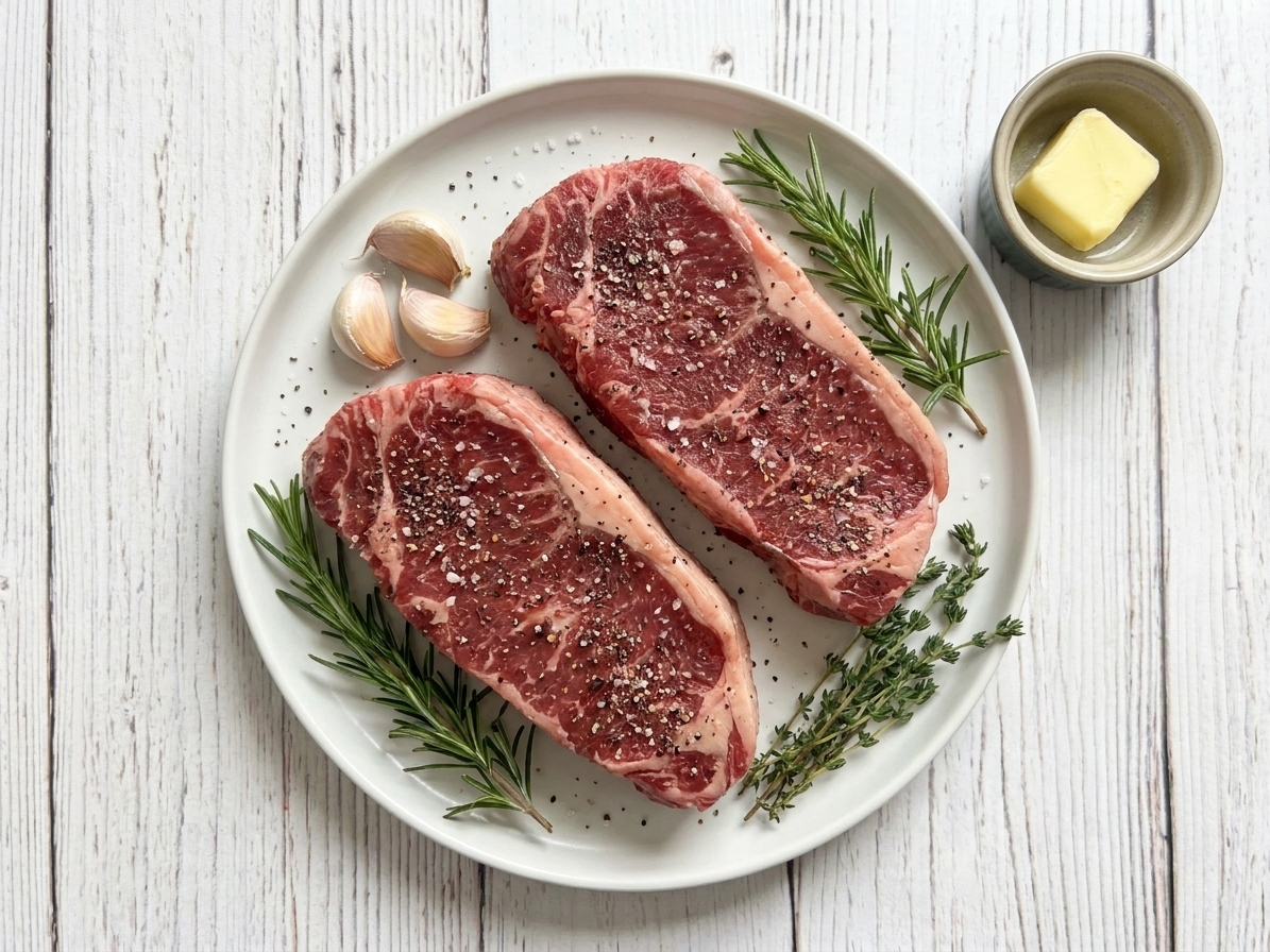 Raw New York strip steaks on a plate with kosher salt, black pepper, garlic cloves, rosemary, thyme, and a small dish of butter on a kitchen counter