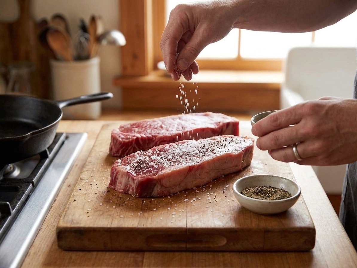 Raw New York strip steaks on a wooden cutting board being seasoned generously with kosher salt and black pepper in a bright home kitchen
