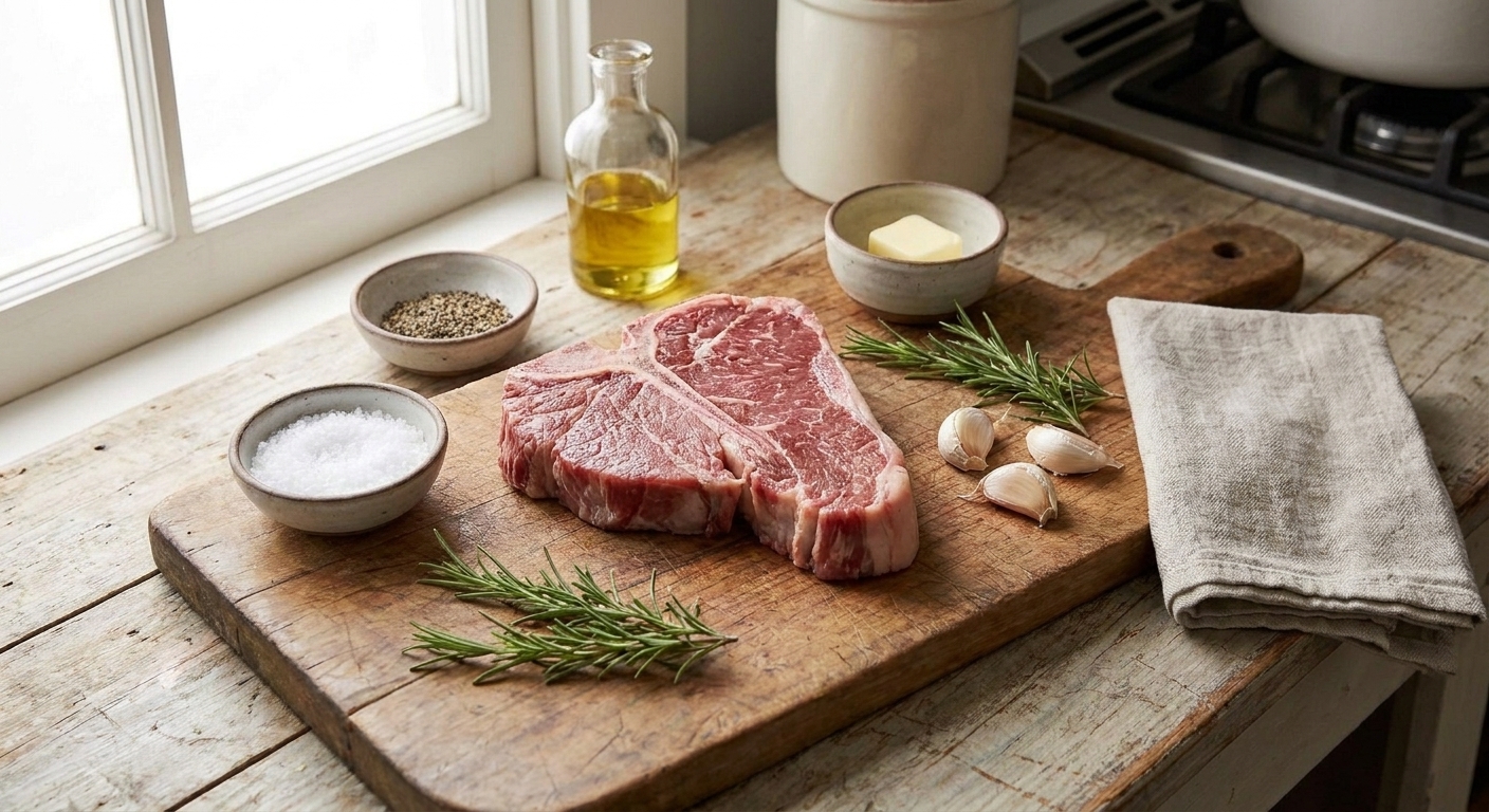 Raw T-bone steak on a cutting board with kosher salt, black pepper, neutral oil, butter, garlic, and fresh rosemary on a clean kitchen counter