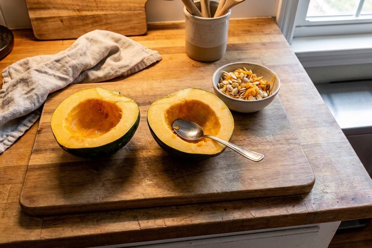 Raw acorn squash halves with seeds removed on a cutting board, next to a spoon and a small bowl of seeds on a kitchen counter
