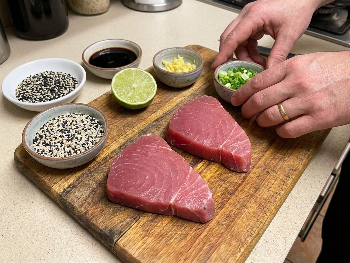 Raw ahi tuna steaks on a cutting board with small bowls of sesame seeds, soy sauce, lime, ginger, and scallions arranged on a clean kitchen counter