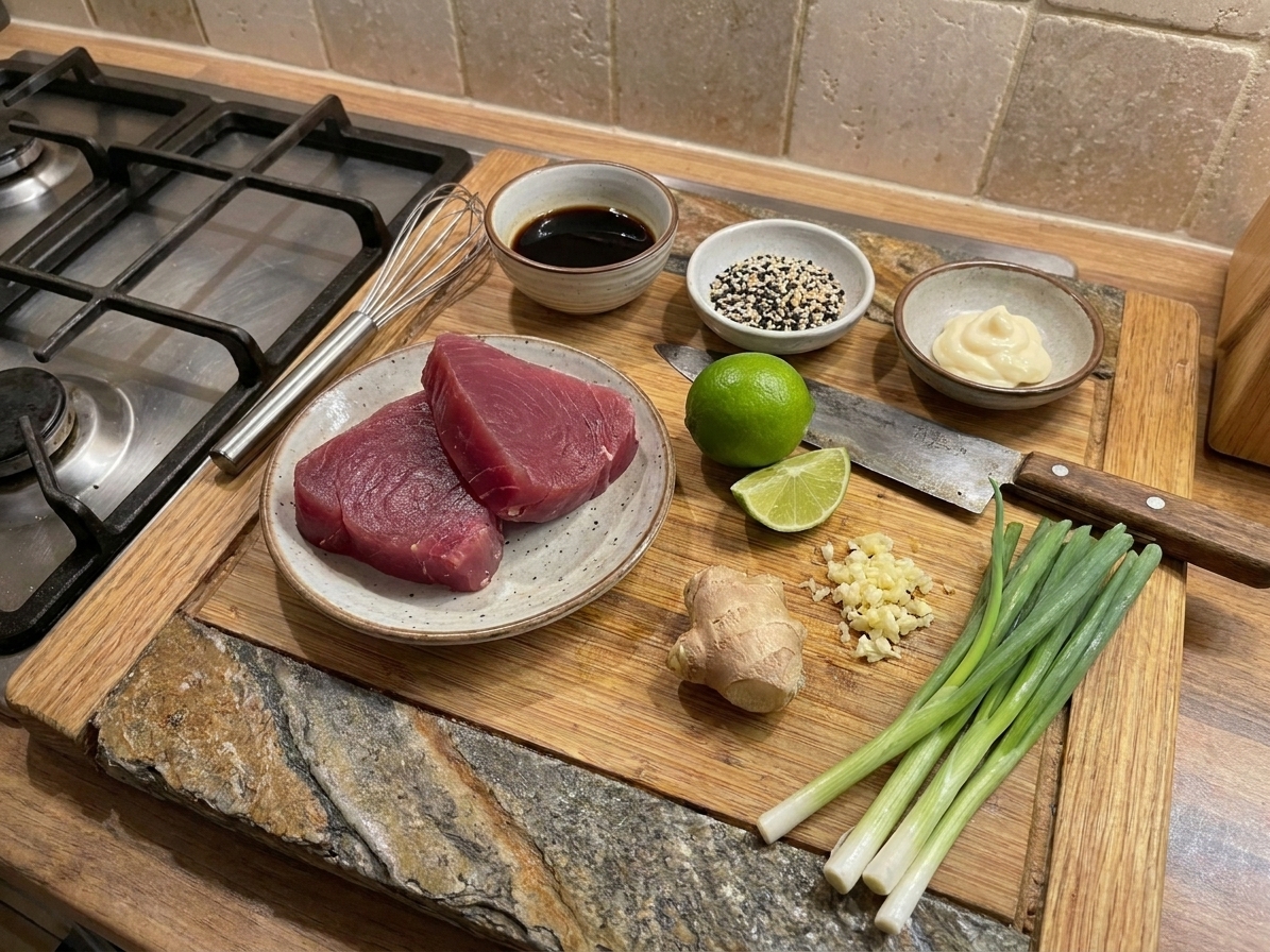 Raw ahi tuna steaks, soy sauce, sesame seeds, lime, ginger, garlic, scallions, and mayo arranged on a clean kitchen counter with a cutting board