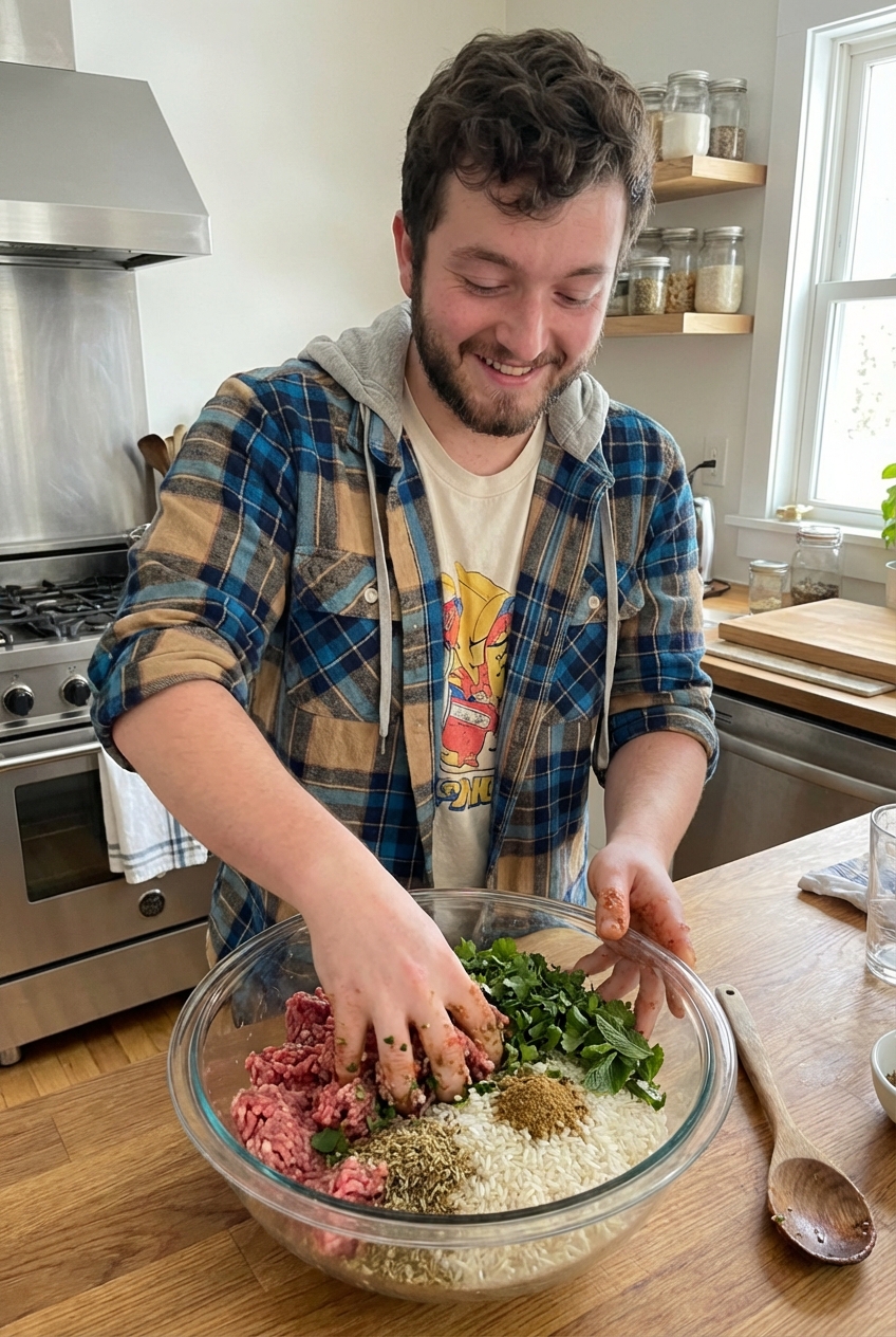 Raw albondigas meatball mixture with rice, herbs, and spices in a mixing bowl on a kitchen counter