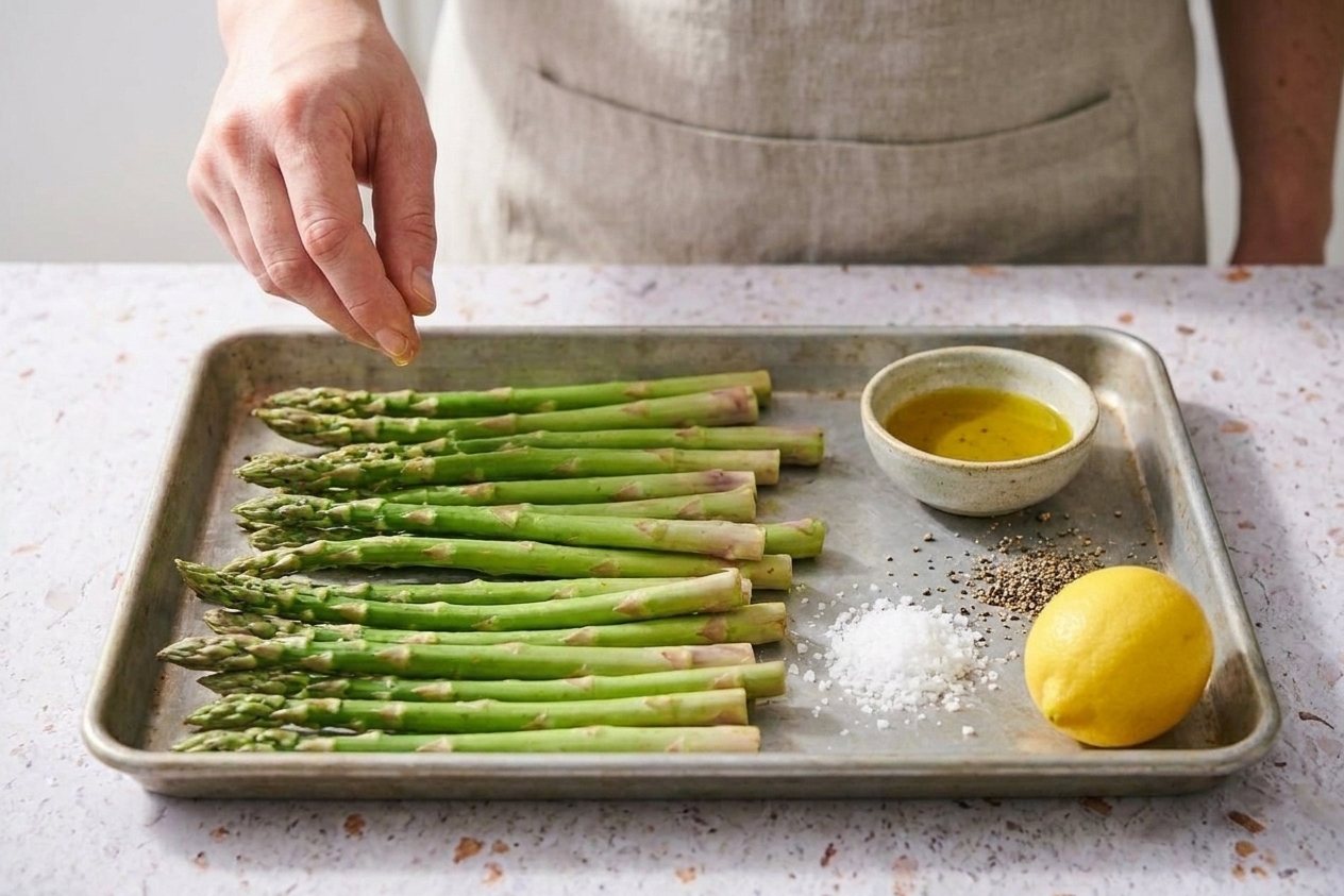 Raw asparagus spears on a sheet pan with a small bowl of olive oil, kosher salt, black pepper, and a lemon on a kitchen counter