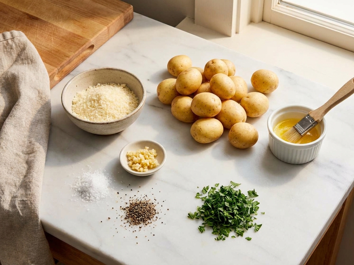 Raw baby potatoes, a bowl of grated Parmesan, minced garlic, melted butter, salt, pepper, and chopped parsley arranged on a clean kitchen counter in warm natural light