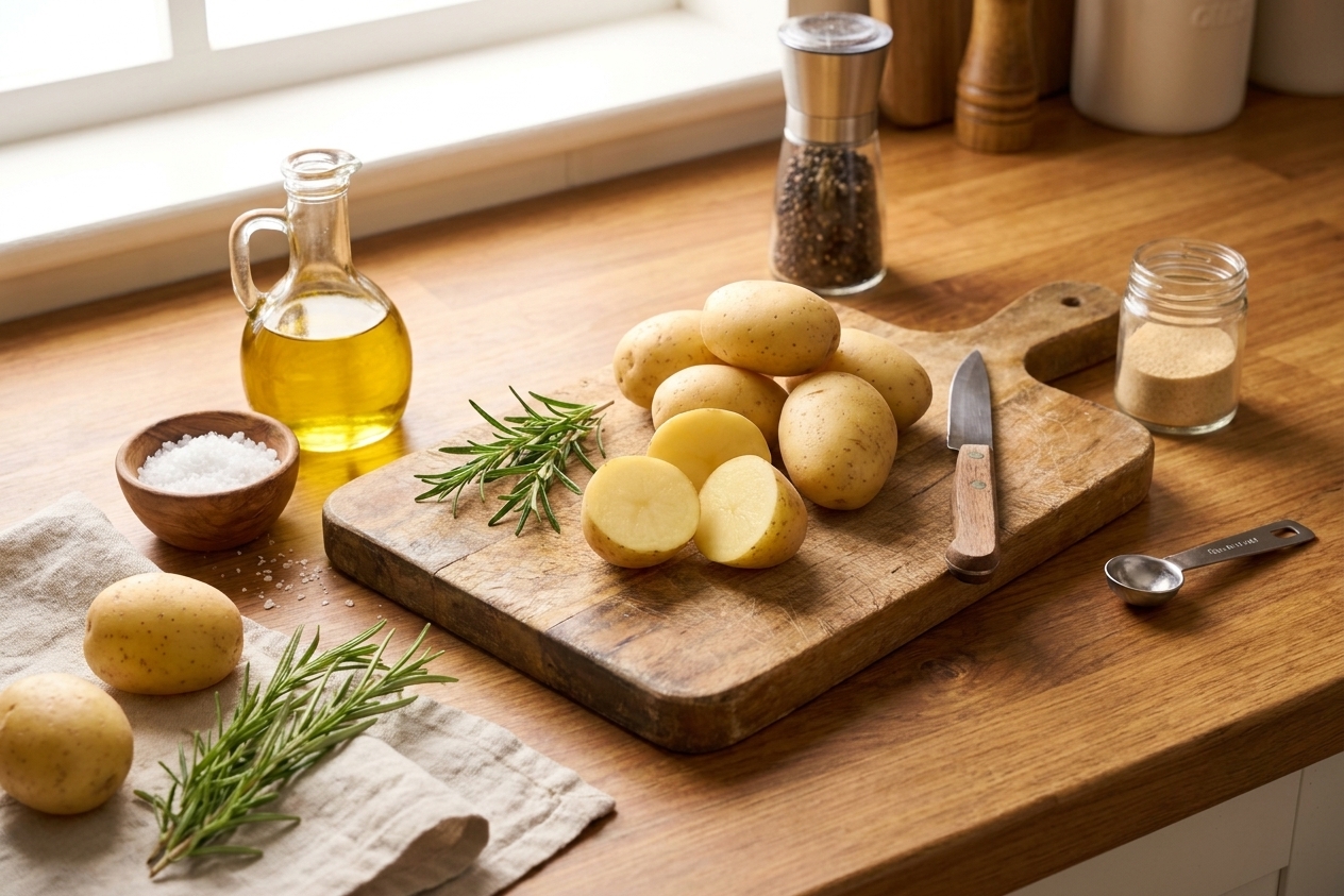 Raw baby potatoes, olive oil, salt, pepper, garlic powder, and rosemary arranged on a bright kitchen counter