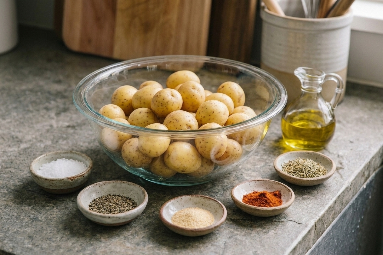 Raw baby potatoes, olive oil, salt, pepper, garlic powder, smoked paprika, and dried herbs arranged on a light kitchen counter