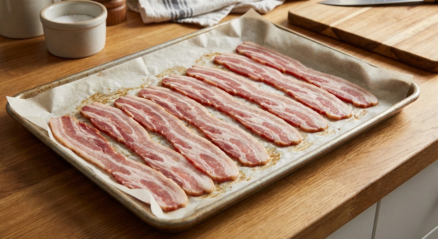 Raw bacon strips laid in a single layer on a rimmed baking sheet lined with parchment paper on a kitchen counter, overhead photorealistic food photo