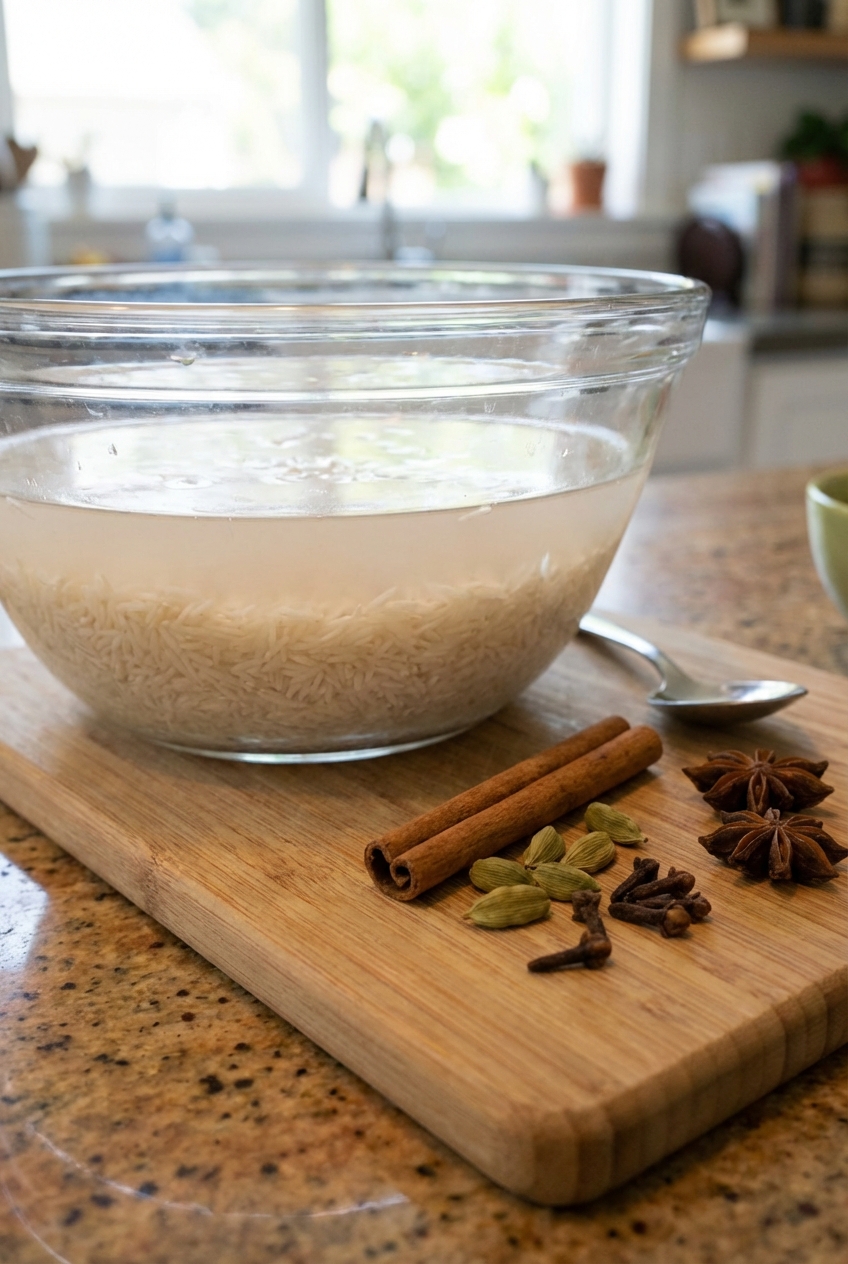 Raw basmati rice soaking in a bowl of water on a kitchen counter with whole spices nearby