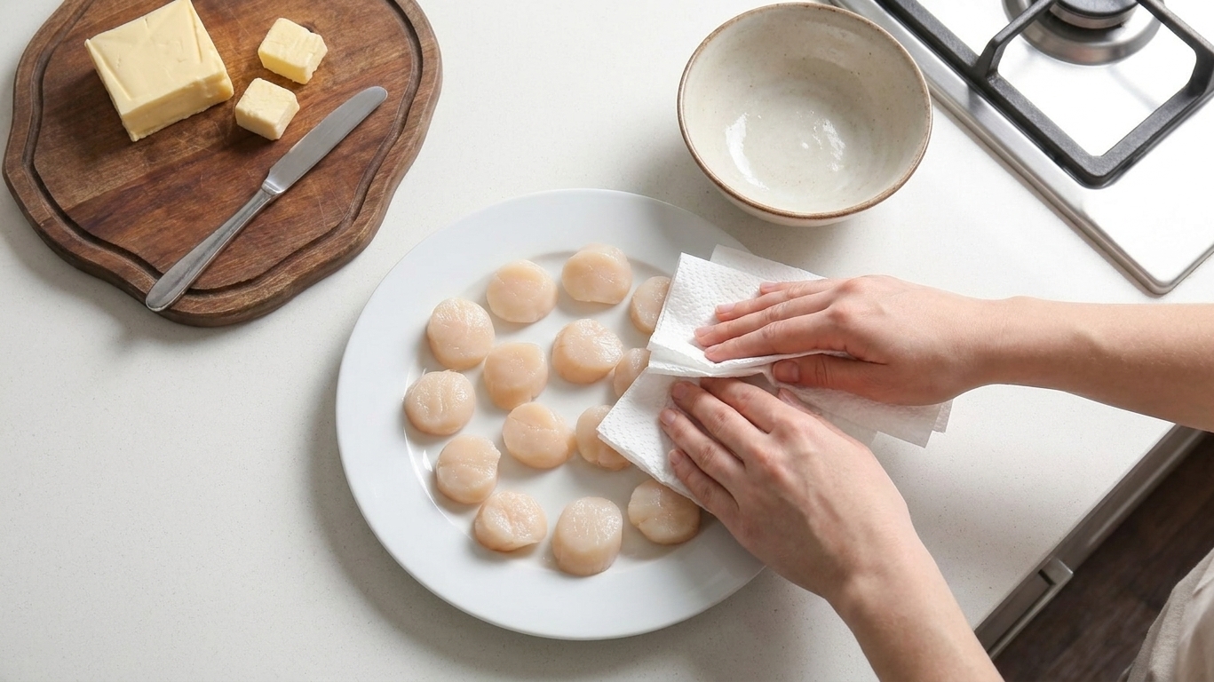 Raw bay scallops being patted very dry with paper towels on a plate on a kitchen counter