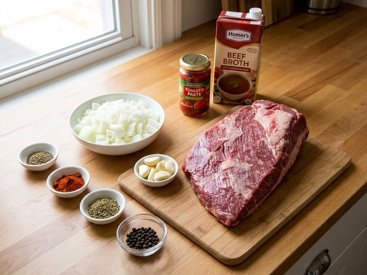 Raw beef brisket, onions, garlic, tomato paste, beef broth, and spices arranged on a clean kitchen counter in natural window light