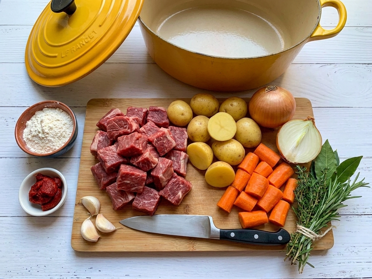 Raw beef chuck cubes, potatoes, carrots, onions, garlic, tomato paste, flour, and herbs arranged on a warm kitchen counter in a home kitchen
