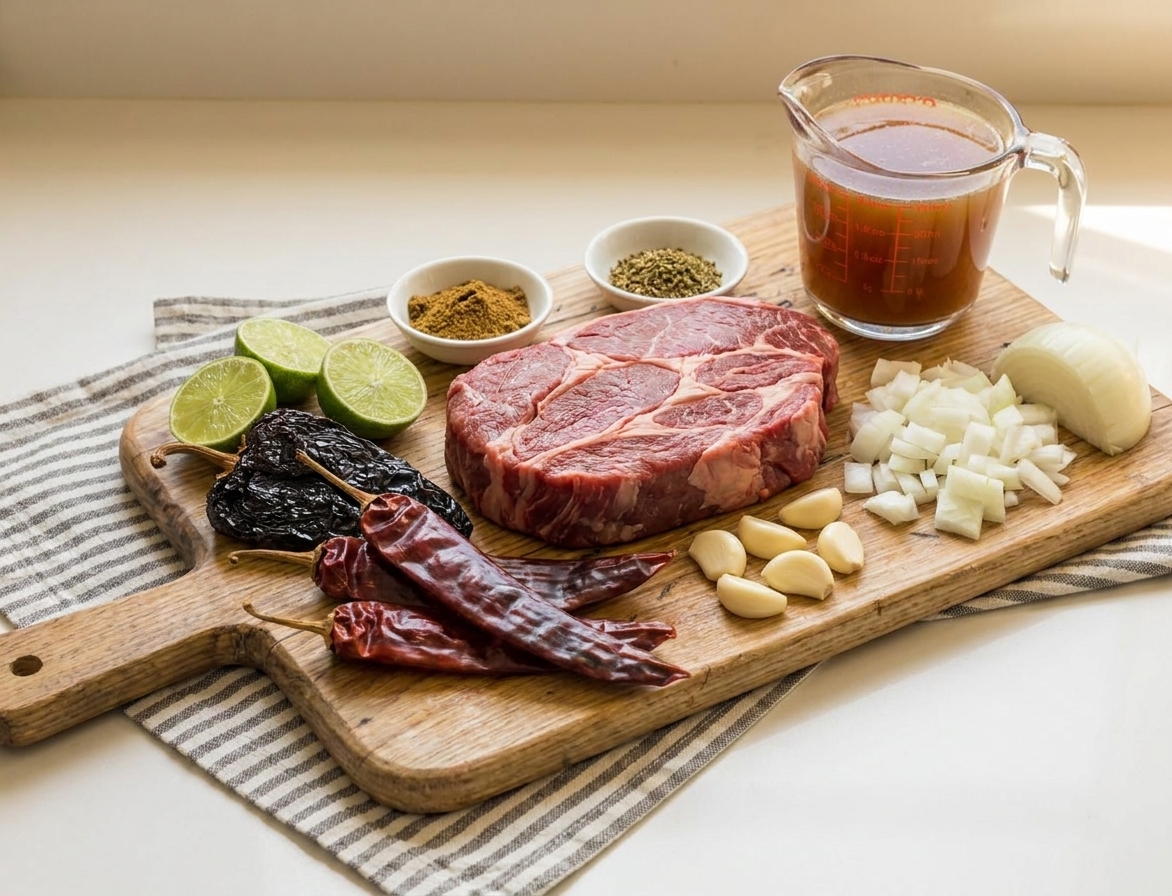 Raw beef chuck roast, dried chiles, limes, onions, garlic, cumin, oregano, and broth arranged on a clean kitchen counter with warm natural light