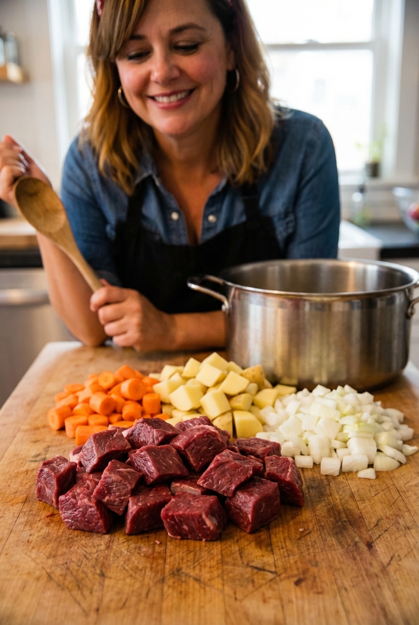 Raw beef cubes, chopped carrots, potatoes, and onions arranged on a kitchen counter ready for stew