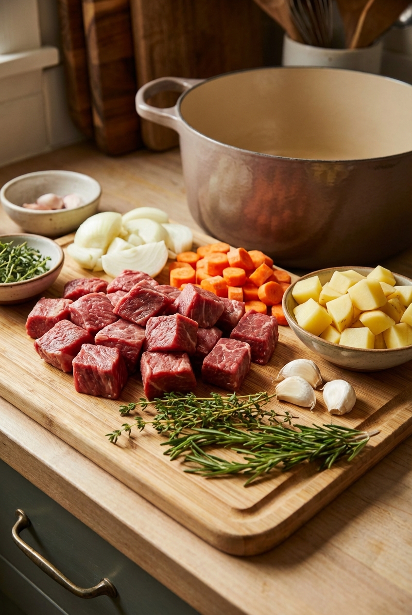 Raw beef cubes, chopped carrots, potatoes, onion, garlic, and herbs arranged on a kitchen counter next to a Dutch oven