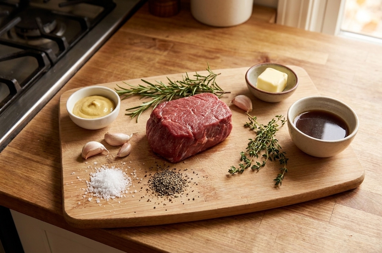 Raw beef fillet on a cutting board surrounded by kosher salt, black pepper, garlic, rosemary, thyme, Dijon mustard, butter, and a small bowl of beef stock on a kitchen counter
